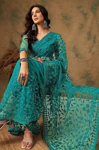 Teal embroidered saree with blouse piece