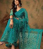 Teal embroidered saree with blouse piece