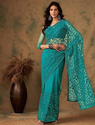 Teal embroidered saree with blouse piece 2