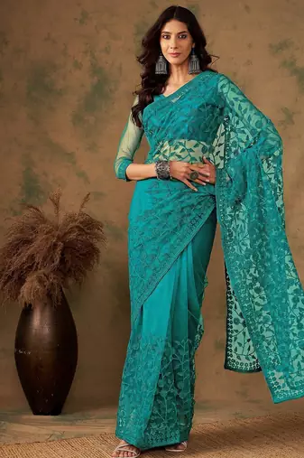 Teal embroidered saree with blouse piece