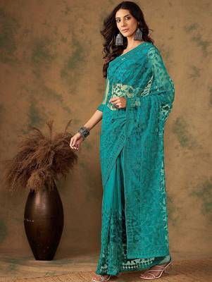 Teal embroidered saree with blouse piece 3
