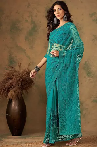 Teal embroidered saree with blouse piece