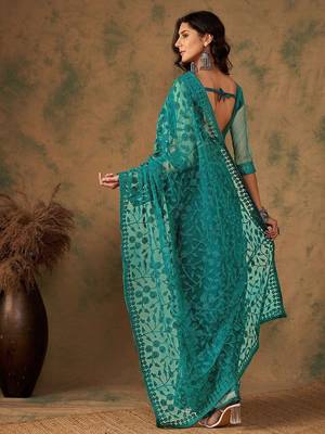 Teal embroidered saree with blouse piece 4
