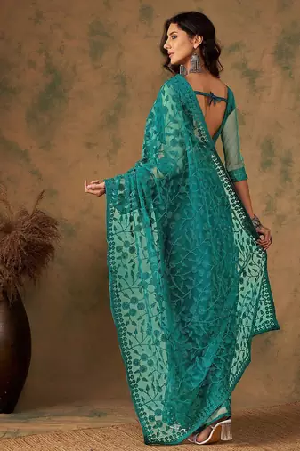 Teal embroidered saree with blouse piece
