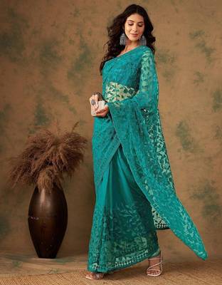 Teal embroidered saree with blouse piece 5