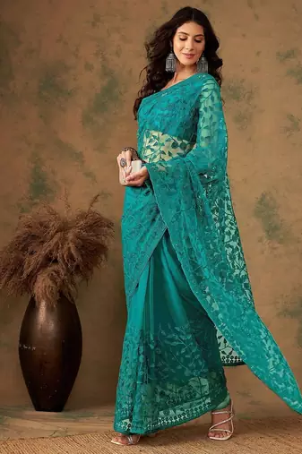 Teal embroidered saree with blouse piece