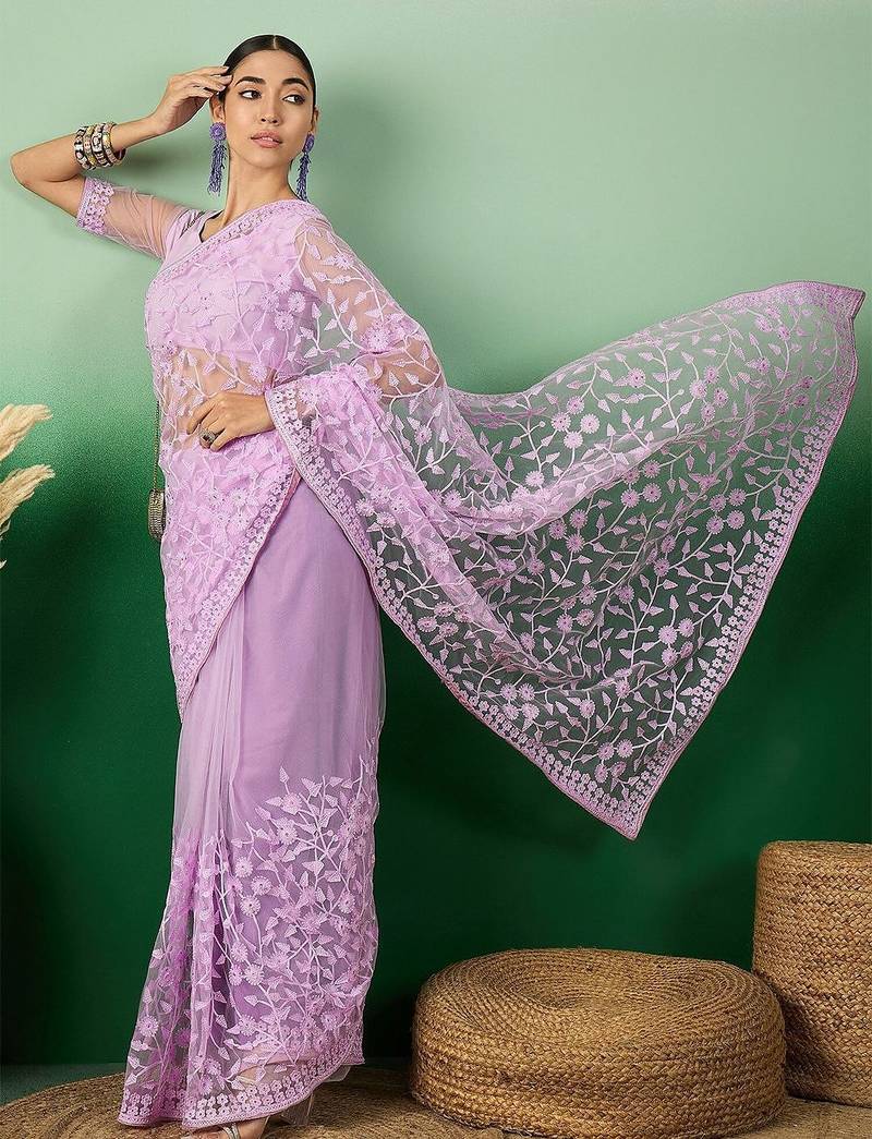 Lavender embroidered saree