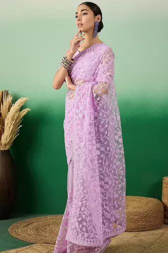 Lavender embroidered saree