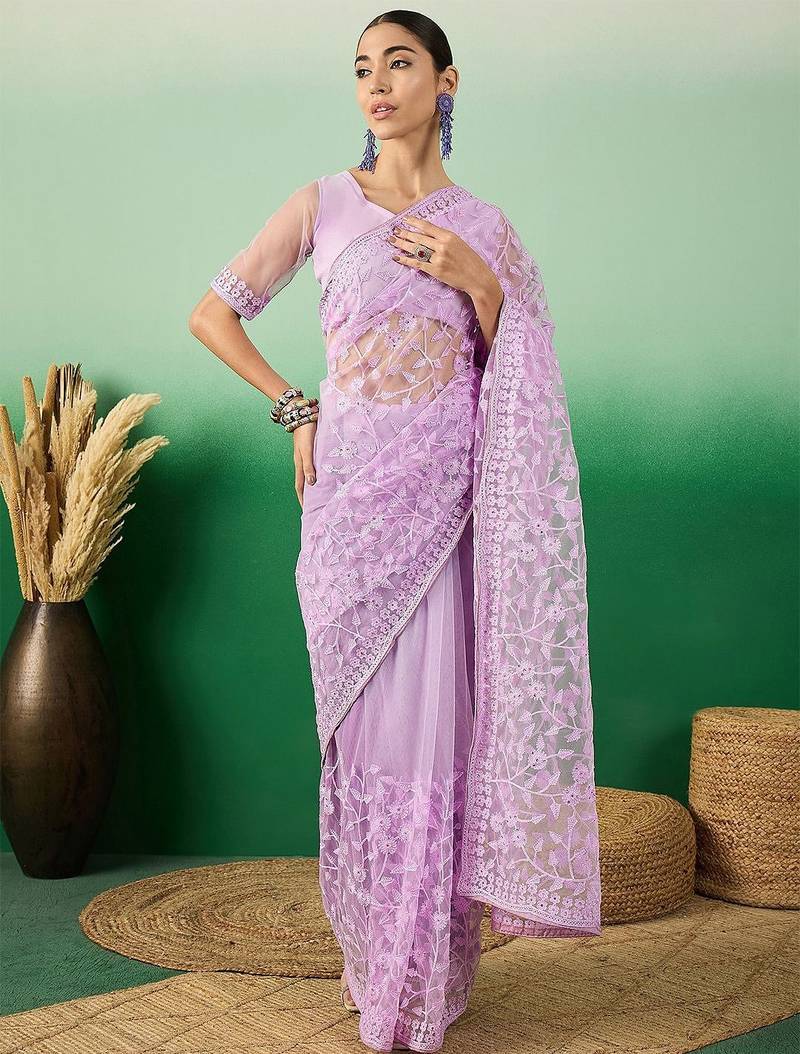 Lavender embroidered saree