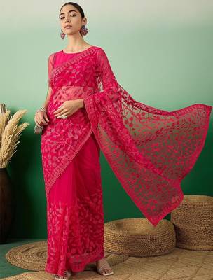 Pink embroidered saree with blouse piece 1