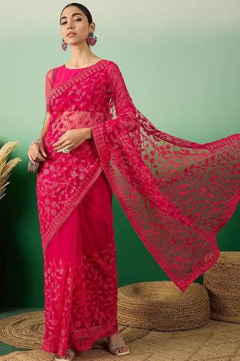 Pink embroidered saree with blouse piece