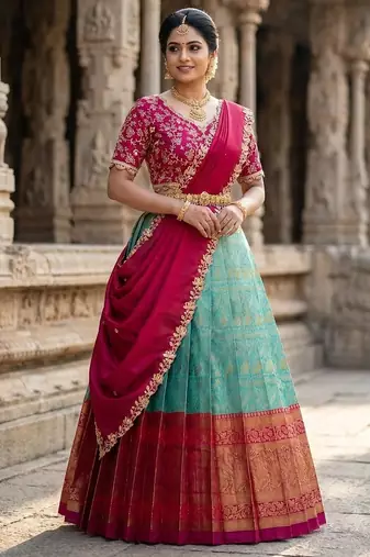 South Indian Style Semi-Stitched Half Saree with Blouse and Dupatta