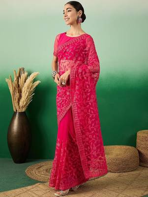 Pink embroidered saree with blouse piece 2