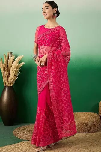 Pink embroidered saree with blouse piece