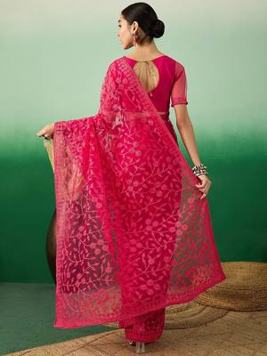 Pink embroidered saree with blouse piece 3