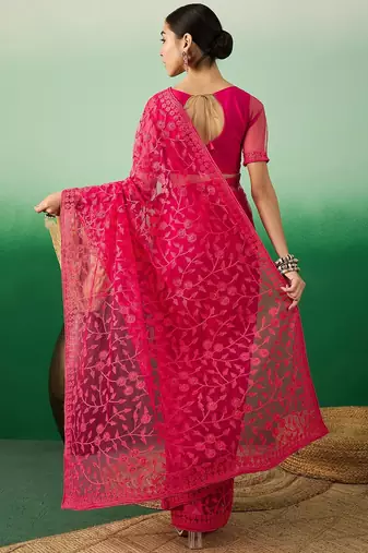 Pink embroidered saree with blouse piece