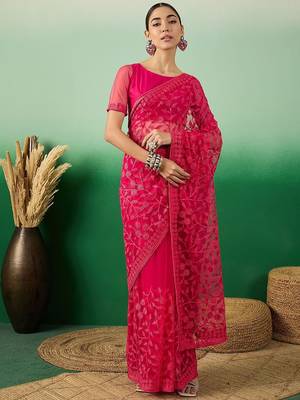 Pink embroidered saree with blouse piece 4