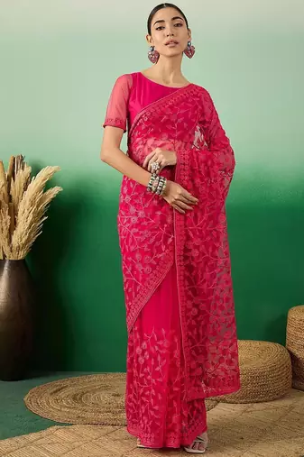 Pink embroidered saree with blouse piece