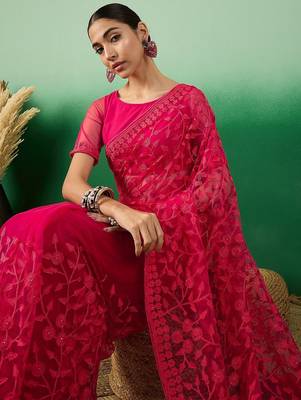 Pink embroidered saree with blouse piece 5