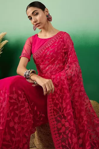 Pink embroidered saree with blouse piece
