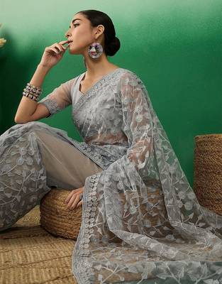 Grey embroidered festive net saree 1
