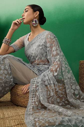 Grey embroidered festive net saree