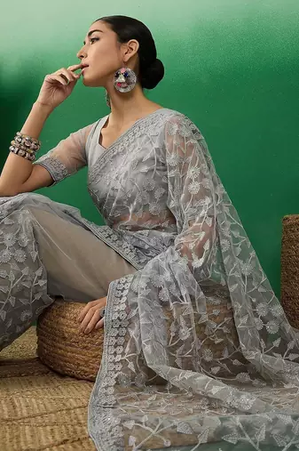 Grey embroidered festive net saree