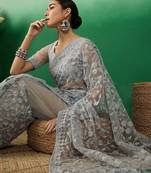 Grey embroidered festive net saree