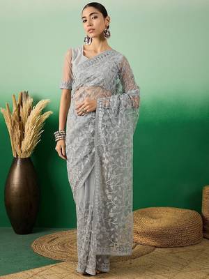 Grey embroidered festive net saree 3