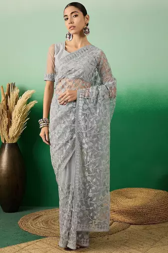 Grey embroidered festive net saree