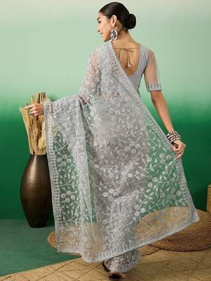 Grey embroidered festive net saree 4