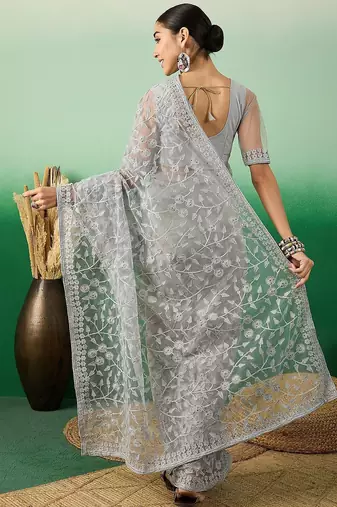 Grey embroidered festive net saree