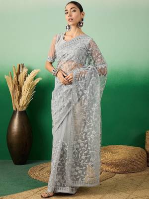 Grey embroidered festive net saree 5