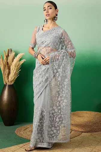 Grey embroidered festive net saree