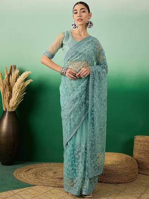 Teal embroidered beads and stones net saree 1
