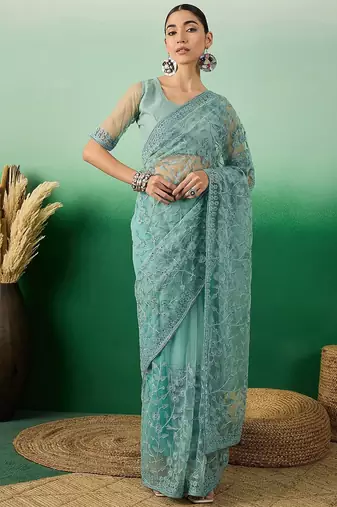 Teal embroidered beads and stones net saree