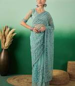 Teal embroidered beads and stones net saree