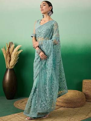 Teal embroidered beads and stones net saree 2