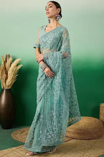 Teal embroidered beads and stones net saree