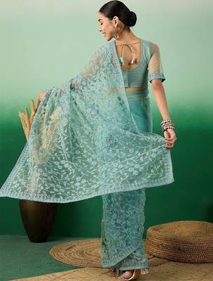 Teal embroidered beads and stones net saree 3