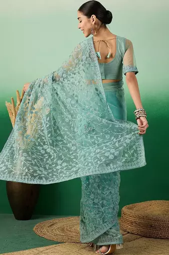 Teal embroidered beads and stones net saree
