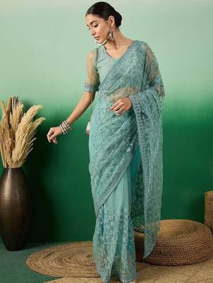 Teal embroidered beads and stones net saree 4