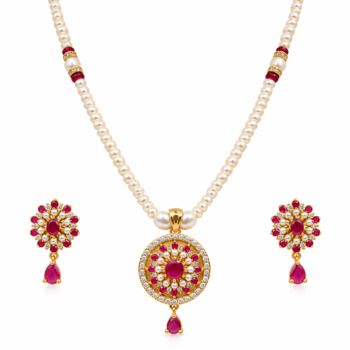 Certified Pearls Ruby Floral Pendant Set with Matching Earrings 1