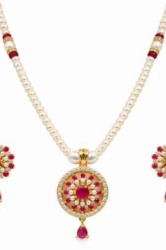 Certified Pearls Ruby Floral Pendant Set with Matching Earrings