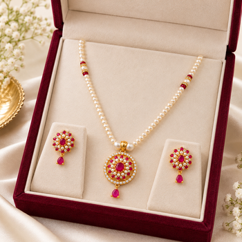 Certified Pearls Ruby Floral Pendant Set with Matching Earrings 2