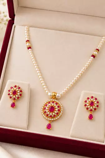Certified Pearls Ruby Floral Pendant Set with Matching Earrings