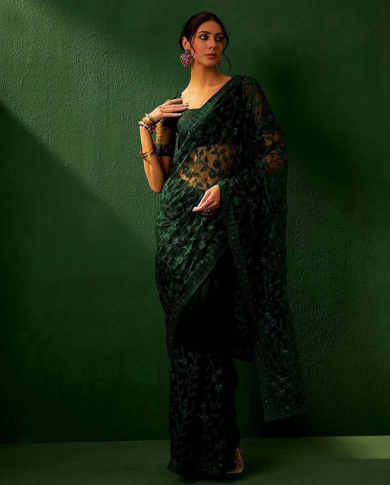 Green embroidered saree