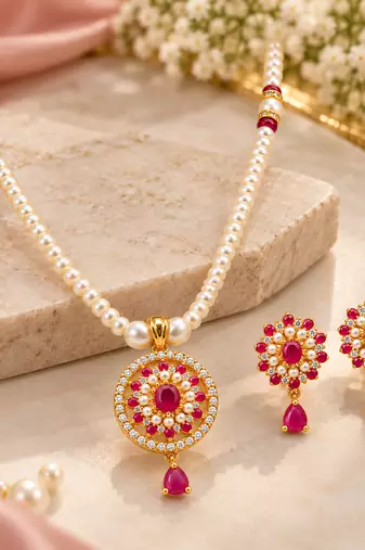 Certified Pearls Ruby Floral Pendant Set with Matching Earrings