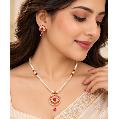 Certified Pearls Ruby Floral Pendant Set with Matching Earrings 4