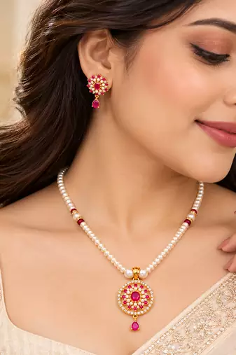 Certified Pearls Ruby Floral Pendant Set with Matching Earrings